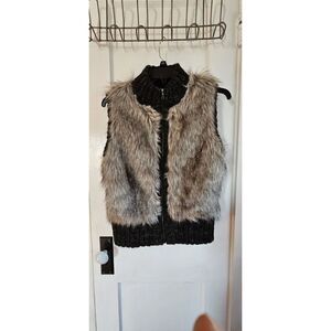 LOFT Black+Gray Faux Fur Vest Sz XS/S Sweater Trim Wool Blend 100% Cotton Lining